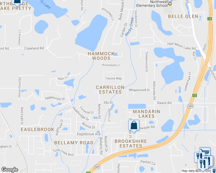 map of restaurants, bars, coffee shops, grocery stores, and more near 5925 Jefferson Park Drive in Tampa