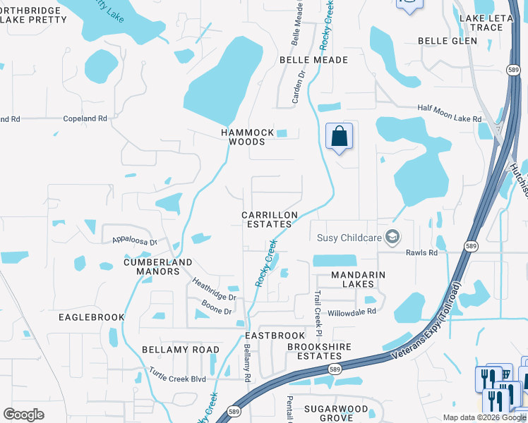 map of restaurants, bars, coffee shops, grocery stores, and more near 5925 Jefferson Park Drive in Tampa