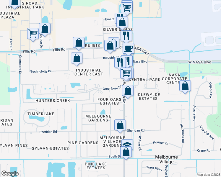 map of restaurants, bars, coffee shops, grocery stores, and more near 7300 Greenboro Drive in West Melbourne