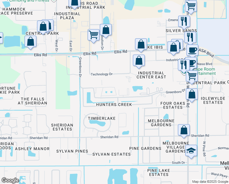map of restaurants, bars, coffee shops, grocery stores, and more near 7815 Maplewood Drive in Melbourne