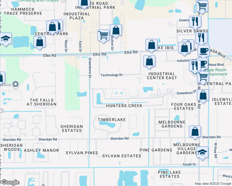 map of restaurants, bars, coffee shops, grocery stores, and more near 7815 Maplewood Drive in Melbourne