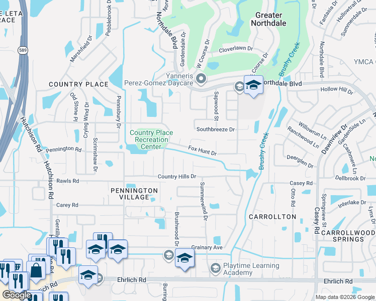 map of restaurants, bars, coffee shops, grocery stores, and more near 15803 Wheatfield Place in Tampa