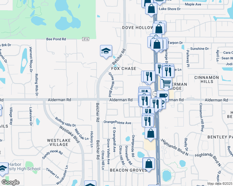 map of restaurants, bars, coffee shops, grocery stores, and more near 2270 Alden Lane in Palm Harbor