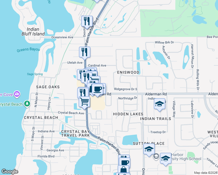 map of restaurants, bars, coffee shops, grocery stores, and more near 1157 Ridgegrove Drive West in Palm Harbor