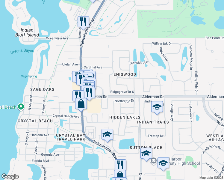 map of restaurants, bars, coffee shops, grocery stores, and more near 1201 Ridgegrove Drive South in Palm Harbor