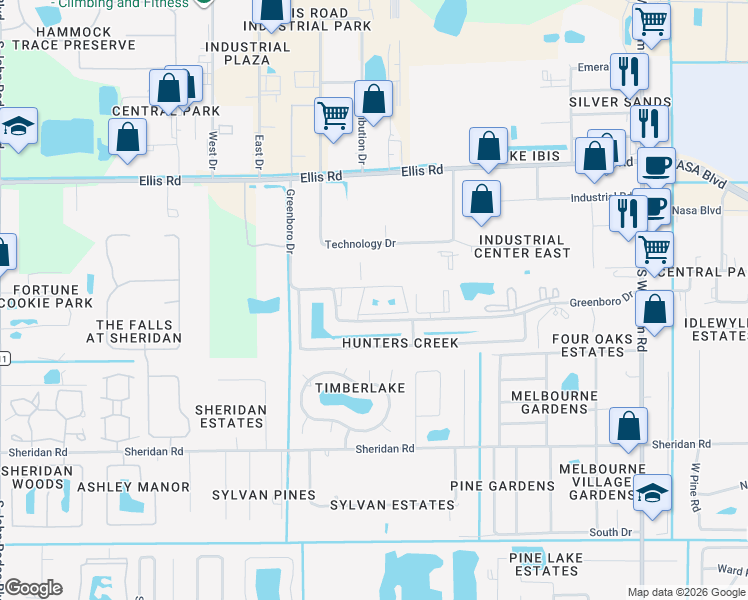 map of restaurants, bars, coffee shops, grocery stores, and more near 7815 Maplewood Drive in Melbourne
