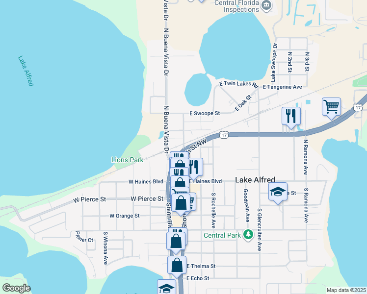 map of restaurants, bars, coffee shops, grocery stores, and more near North Lake Shore Way in Lake Alfred