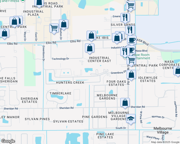 map of restaurants, bars, coffee shops, grocery stores, and more near 7620 Greenboro Drive in West Melbourne