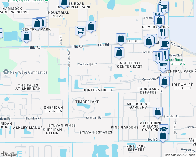 map of restaurants, bars, coffee shops, grocery stores, and more near 7801 Maplewood Drive in Melbourne