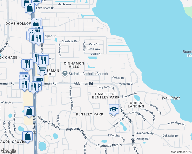 map of restaurants, bars, coffee shops, grocery stores, and more near 3062 Robinwood Lane in Palm Harbor