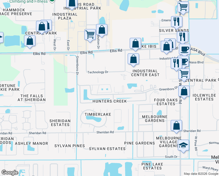 map of restaurants, bars, coffee shops, grocery stores, and more near 7815 Maplewood Drive in Melbourne