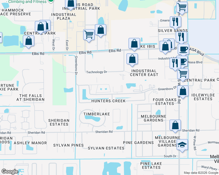 map of restaurants, bars, coffee shops, grocery stores, and more near 7815 Maplewood Drive in Melbourne