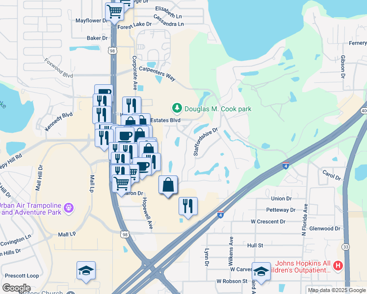 map of restaurants, bars, coffee shops, grocery stores, and more near 4054 Golf Village Loop in Lakeland