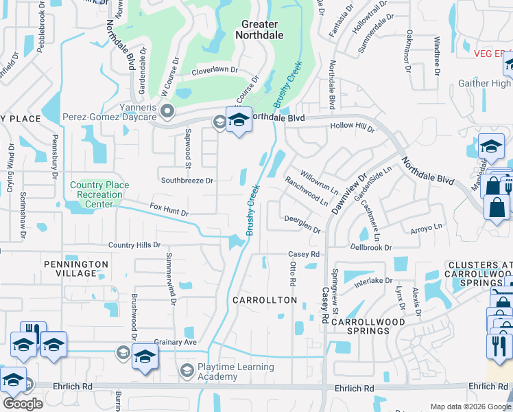 map of restaurants, bars, coffee shops, grocery stores, and more near 15642 Bear Creek Drive in Tampa