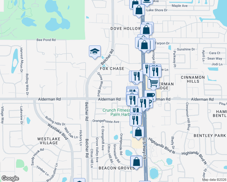 map of restaurants, bars, coffee shops, grocery stores, and more near 2270 Alden Lane in Palm Harbor