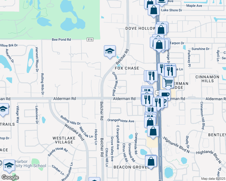 map of restaurants, bars, coffee shops, grocery stores, and more near 28e Corbin Place in Palm Harbor