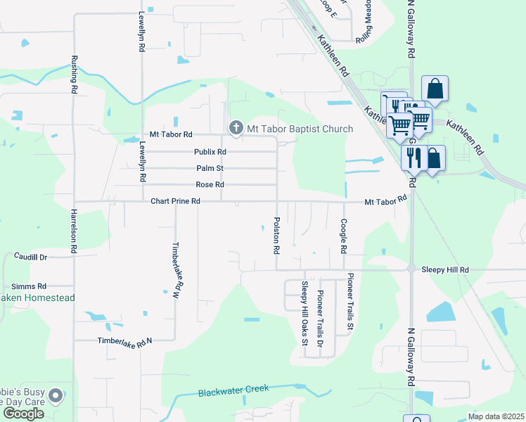 map of restaurants, bars, coffee shops, grocery stores, and more near 3426 Chart Prine Road in Lakeland