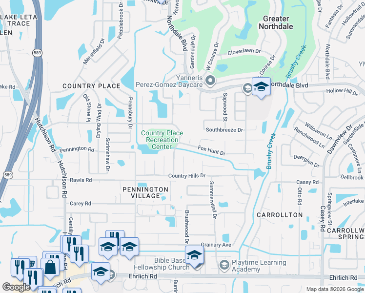 map of restaurants, bars, coffee shops, grocery stores, and more near 15802 Country Lake Drive in Tampa