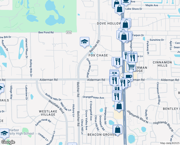 map of restaurants, bars, coffee shops, grocery stores, and more near 28e Corbin Place in Palm Harbor