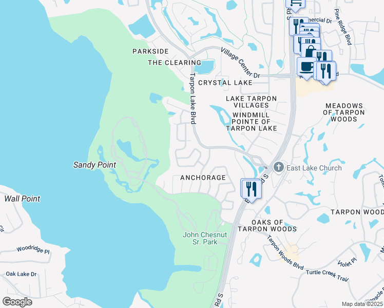 map of restaurants, bars, coffee shops, grocery stores, and more near 2119 Crowsnest Drive in Palm Harbor