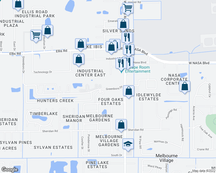 map of restaurants, bars, coffee shops, grocery stores, and more near 7300 Greenboro Drive in West Melbourne