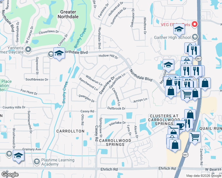 map of restaurants, bars, coffee shops, grocery stores, and more near 15706 Cashmere Lane in Tampa