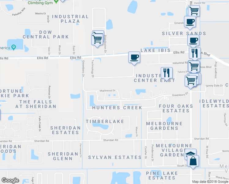 map of restaurants, bars, coffee shops, grocery stores, and more near 7815 Maplewood Drive in Melbourne