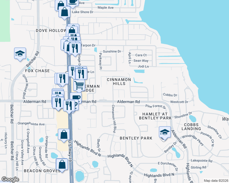 map of restaurants, bars, coffee shops, grocery stores, and more near 2757 Alderman Road in Palm Harbor