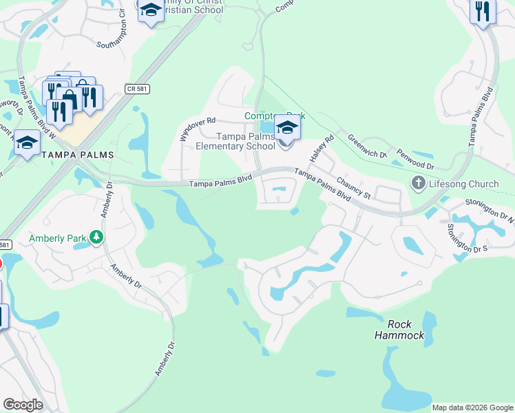 map of restaurants, bars, coffee shops, grocery stores, and more near 6001 Fairway Palms Court in Tampa