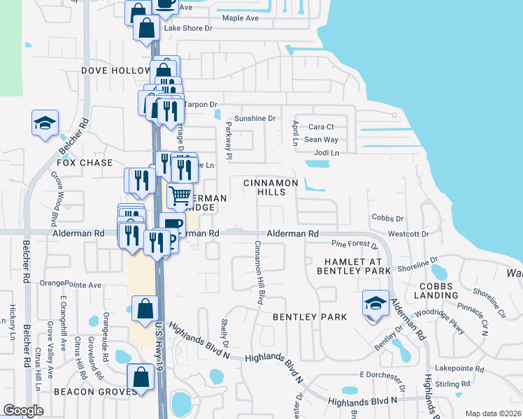 map of restaurants, bars, coffee shops, grocery stores, and more near 2757 Alderman Road in Palm Harbor