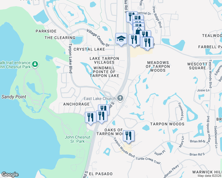 map of restaurants, bars, coffee shops, grocery stores, and more near 2724 Woodhall Terrace in Palm Harbor