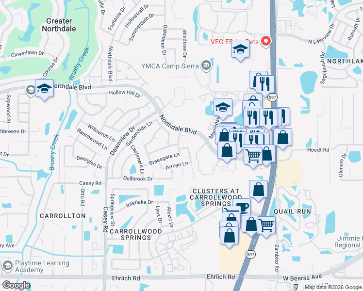 map of restaurants, bars, coffee shops, grocery stores, and more near 15833 Knollview Drive in Tampa