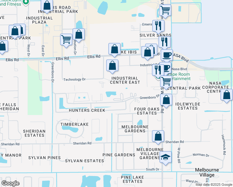 map of restaurants, bars, coffee shops, grocery stores, and more near 7620 Greenboro Drive in West Melbourne