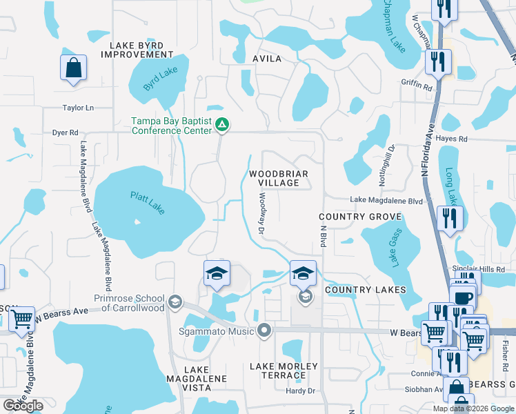 map of restaurants, bars, coffee shops, grocery stores, and more near 15540 Woodway Drive in Tampa