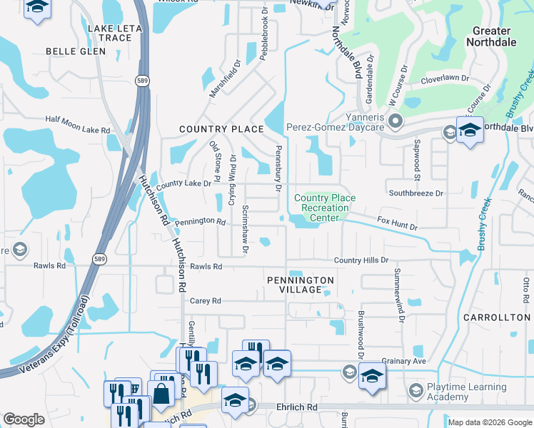 map of restaurants, bars, coffee shops, grocery stores, and more near 5103 Pennsbury Drive in Tampa