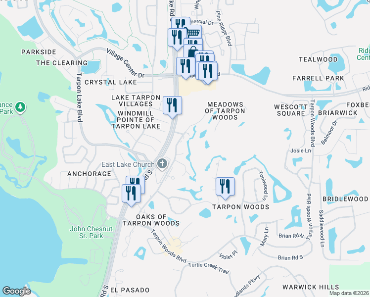 map of restaurants, bars, coffee shops, grocery stores, and more near 1820 Palmer Court in Palm Harbor