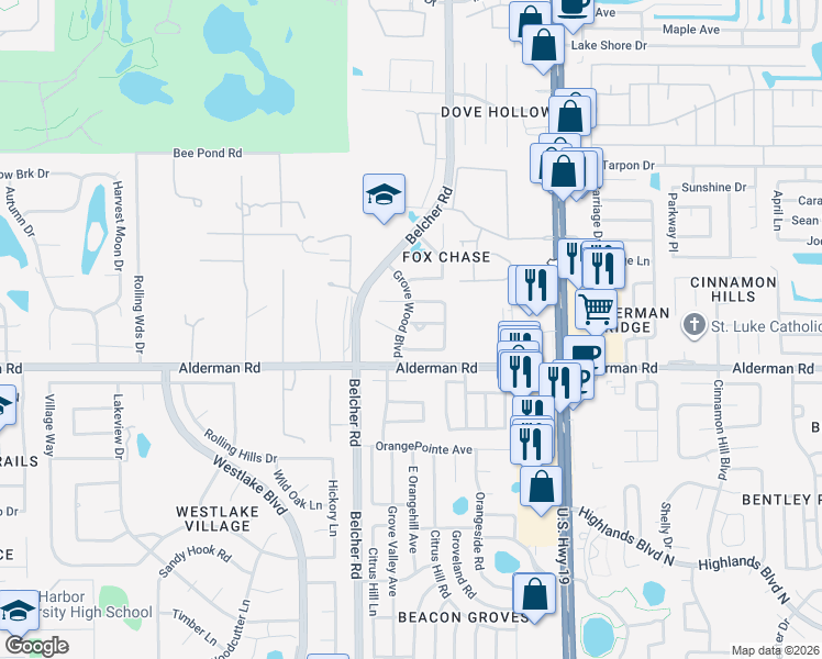 map of restaurants, bars, coffee shops, grocery stores, and more near 28e Corbin Place in Palm Harbor