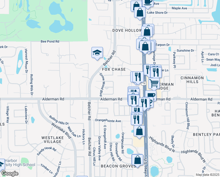map of restaurants, bars, coffee shops, grocery stores, and more near 2270 Alden Lane in Palm Harbor