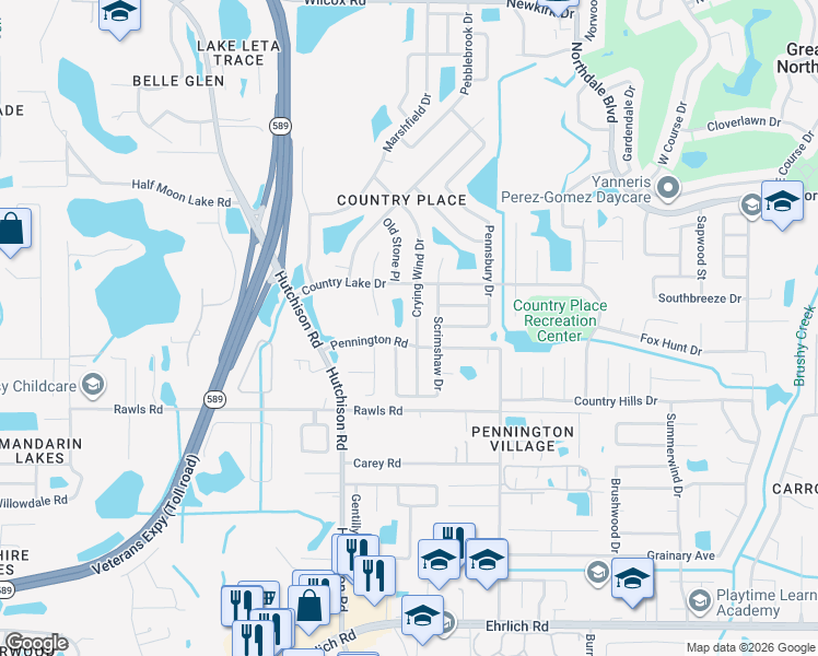 map of restaurants, bars, coffee shops, grocery stores, and more near 15806 Crying Wind Drive in Tampa
