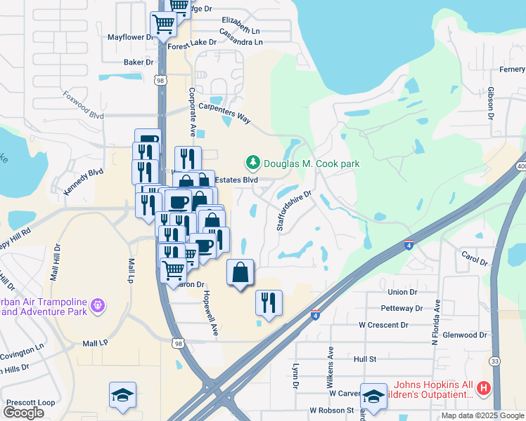 map of restaurants, bars, coffee shops, grocery stores, and more near 4054 Golf Village Loop in Lakeland