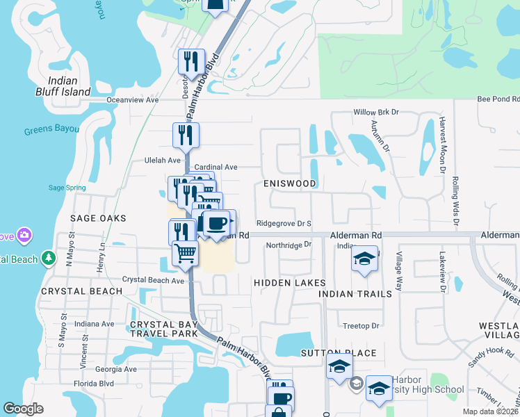map of restaurants, bars, coffee shops, grocery stores, and more near 1157 Ridgegrove Drive West in Palm Harbor