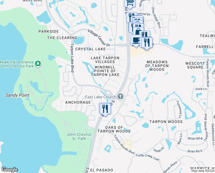 map of restaurants, bars, coffee shops, grocery stores, and more near 2724 Woodhall Terrace in Palm Harbor
