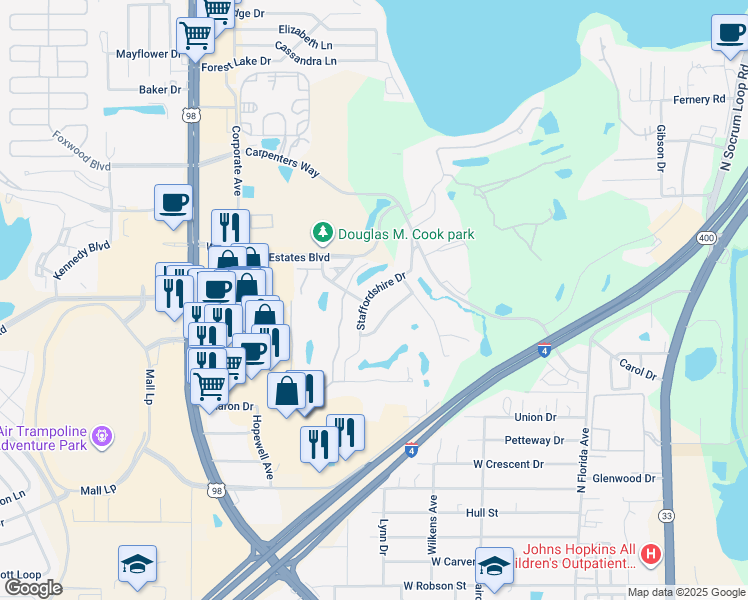 map of restaurants, bars, coffee shops, grocery stores, and more near 4109 Staffordshire Drive in Lakeland