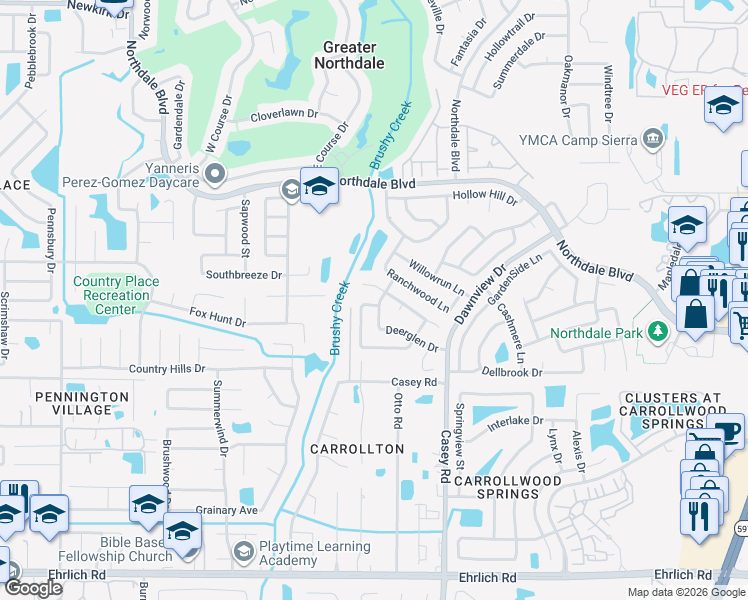 map of restaurants, bars, coffee shops, grocery stores, and more near 15648 Bear Creek Drive in Tampa