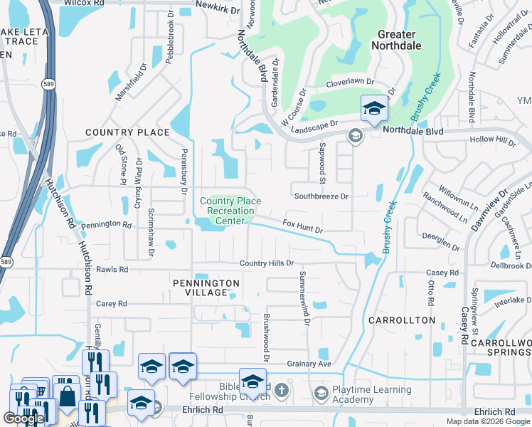 map of restaurants, bars, coffee shops, grocery stores, and more near 15802 Wheatfield Place in Tampa