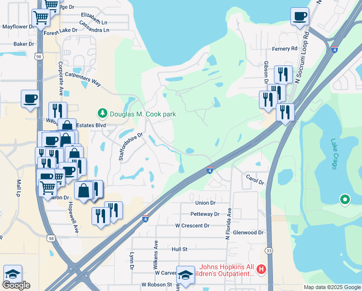 map of restaurants, bars, coffee shops, grocery stores, and more near 503 Carpenters Way in Lakeland
