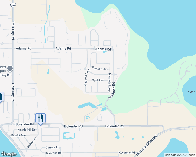map of restaurants, bars, coffee shops, grocery stores, and more near 449 Opal Avenue in Auburndale