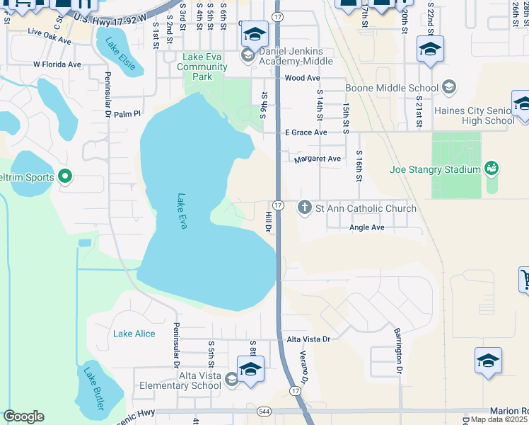 map of restaurants, bars, coffee shops, grocery stores, and more near 905 Hill Drive in Haines City