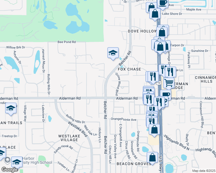 map of restaurants, bars, coffee shops, grocery stores, and more near 2120 Corbin Place in Palm Harbor