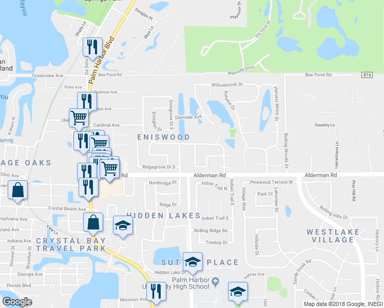 map of restaurants, bars, coffee shops, grocery stores, and more near 2964 Bridlewood Drive in Palm Harbor